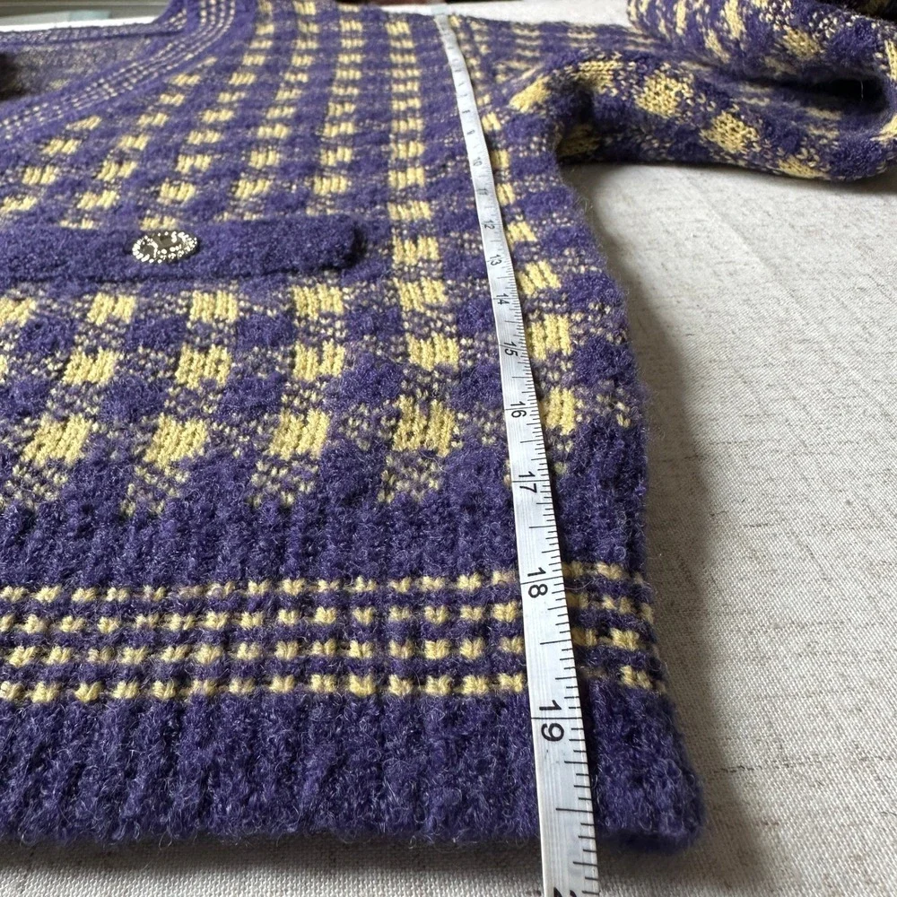 Check Tweed Yellow Purple Fuzzy Knit Cardigan V-Neck Button Front Sweater